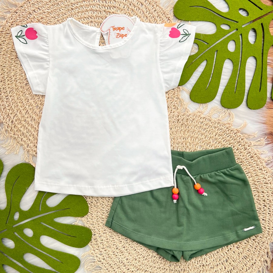 Conj Blusa Tulipas e Shorts Saia Verde